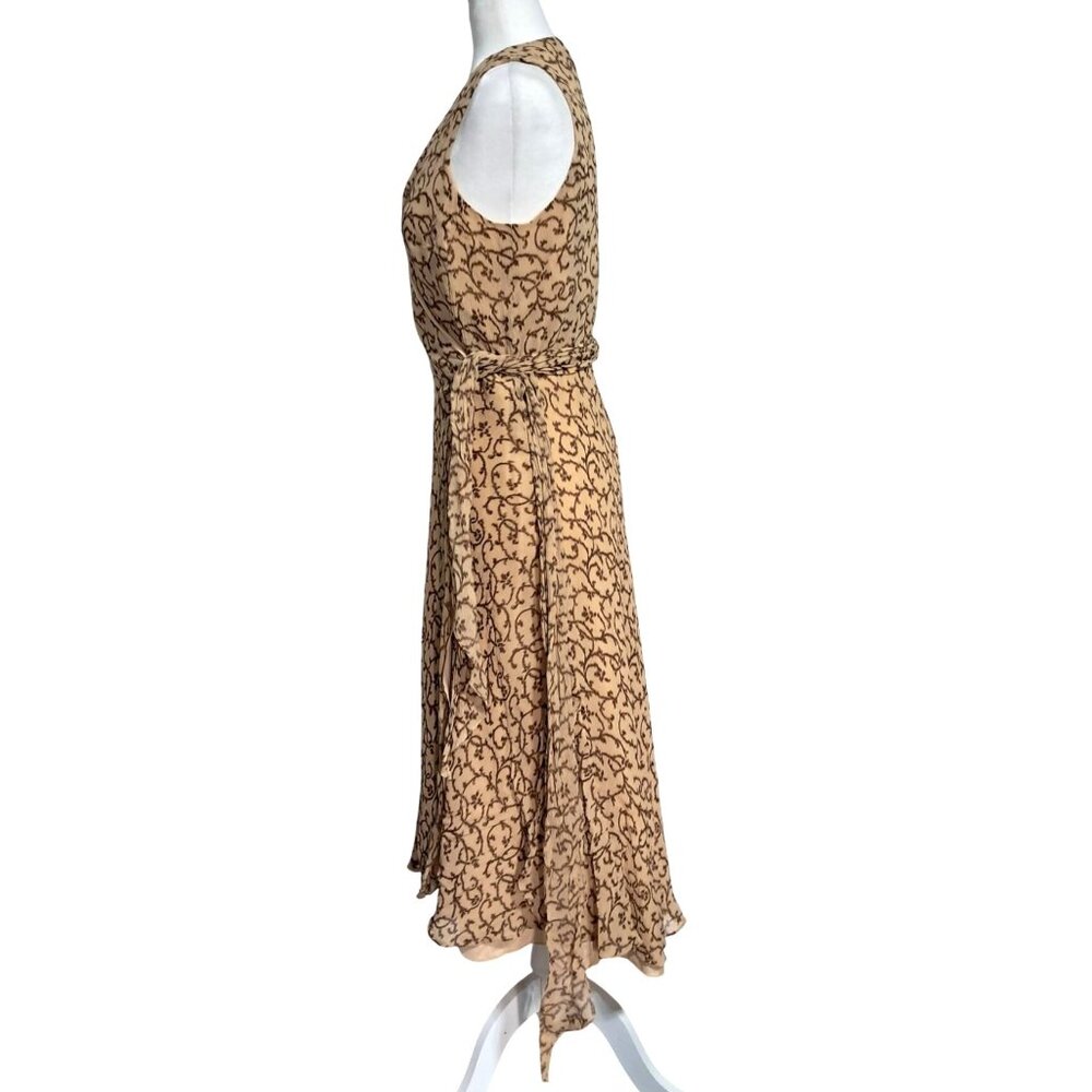 Lauren Ralph Lauren Tan & Brown Silk Wrap Dress Womens Size 12 Sleeveless Midi L - Picture 7 of 10